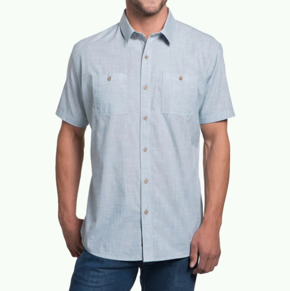 Kuhl Karib Stripe Button Up Short Sleeve Shirt Light Blue Gray Size XL